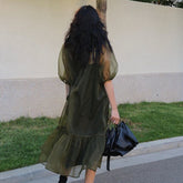 Lizakosht - Vintage High Street Midi Dress Women Loose Puff Sleeve Fairy Korean Party Dress Female Streetwear Casual Y2k Dress Summer